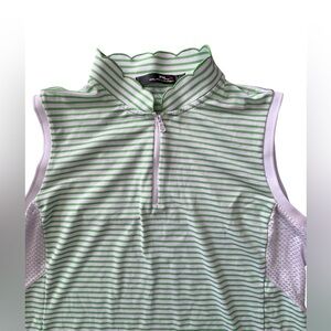RLX Ralph Lauren Green White Striped Sleeveless Golf Top Scalloped  Size L